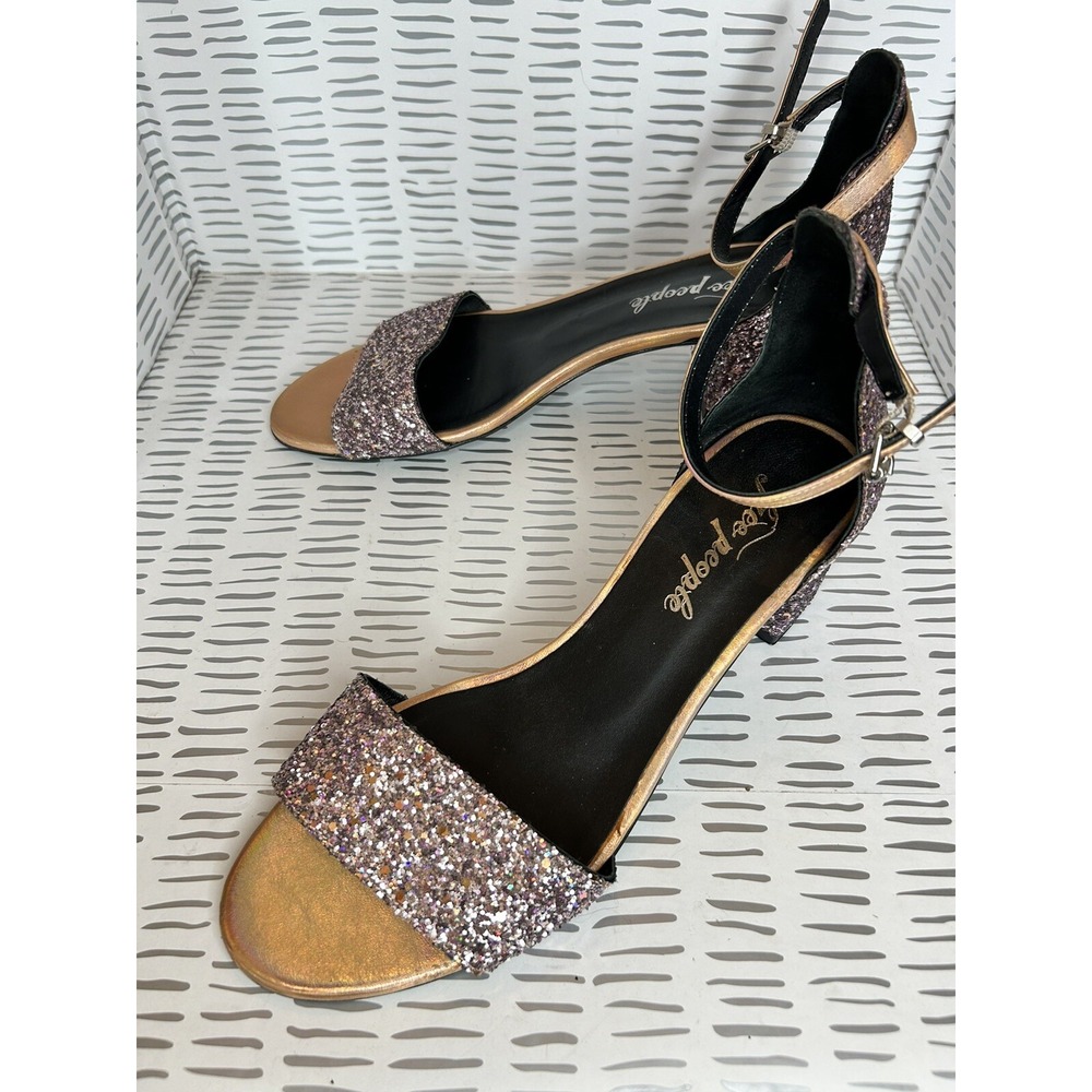 Free People Womens 39 Purple Multi Glitter Block Heel Ankle Strap Sandals Disco